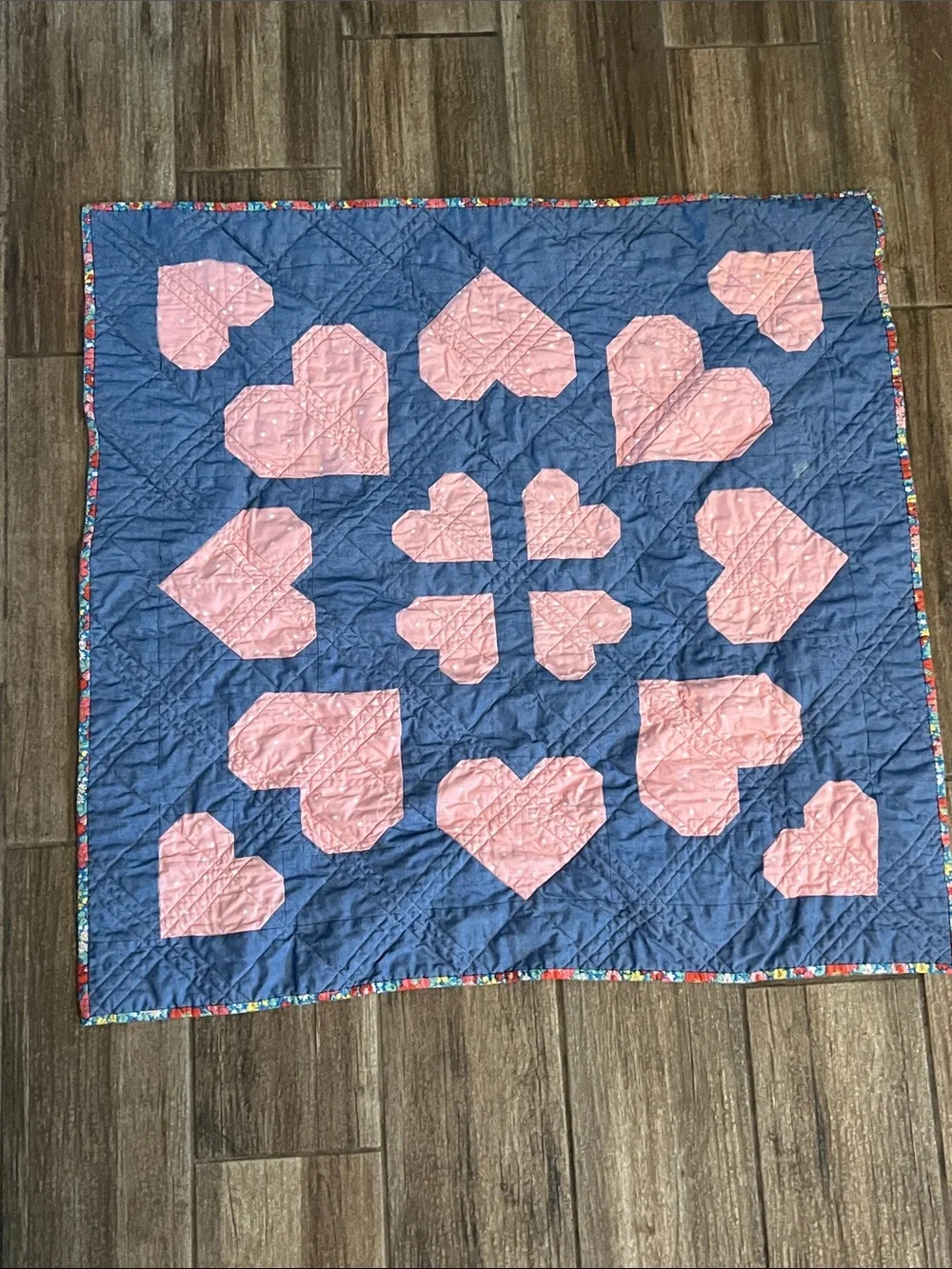 Kainani quilts Handmade baby Pink Heart Patchwork Quilt - Blue Background 32x34